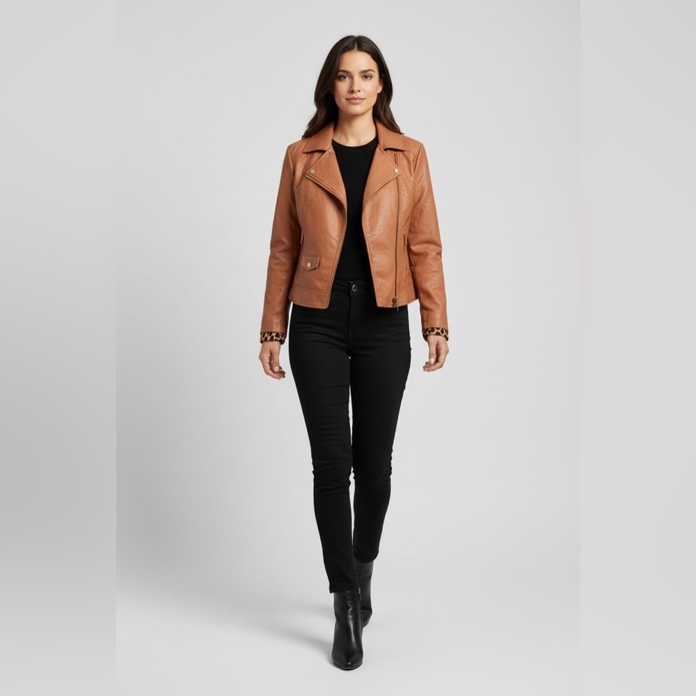 Lane Crawford Faux Leather Moto Jacket L | Tan Brown Leopard Lined